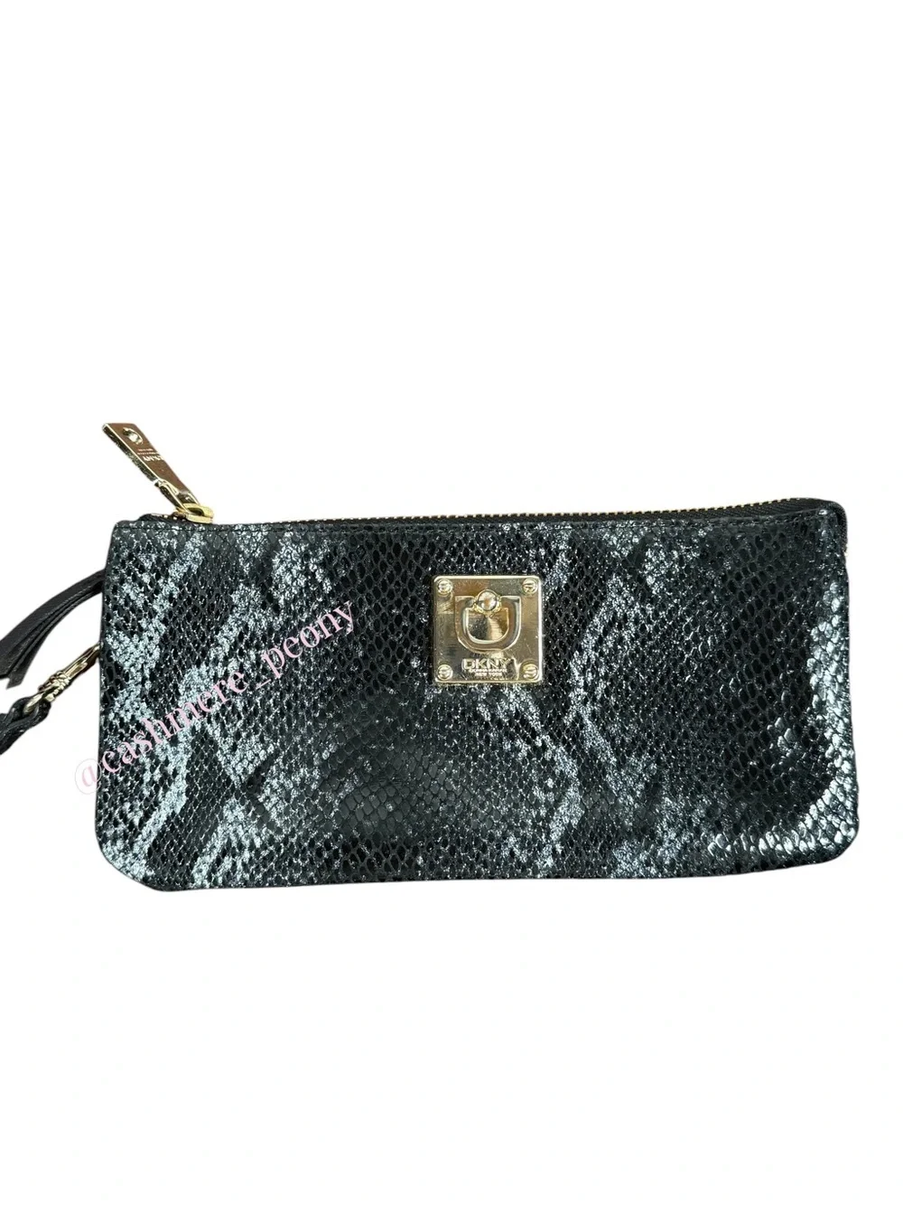 DKNY Black Snake-Print Wristlet Clutch Wallet with Gold Hardware